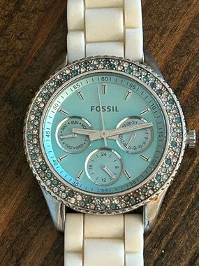 Fossil Turquoise Crystal-Bezel Silicone Strap Watch